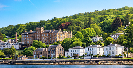 Scenic view of the Isle of Bute coast looking towards Arran